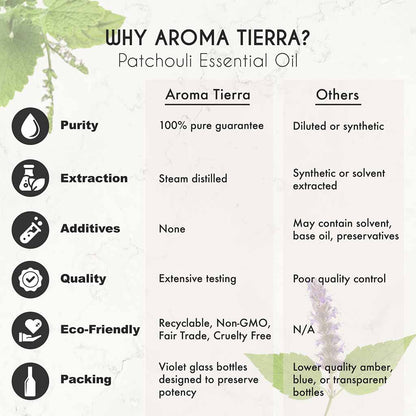 Aroma Tierra Organic Patchouli essential oil from Sri Lanka, for relaxation, reduce anxiety, tension, and stress. 