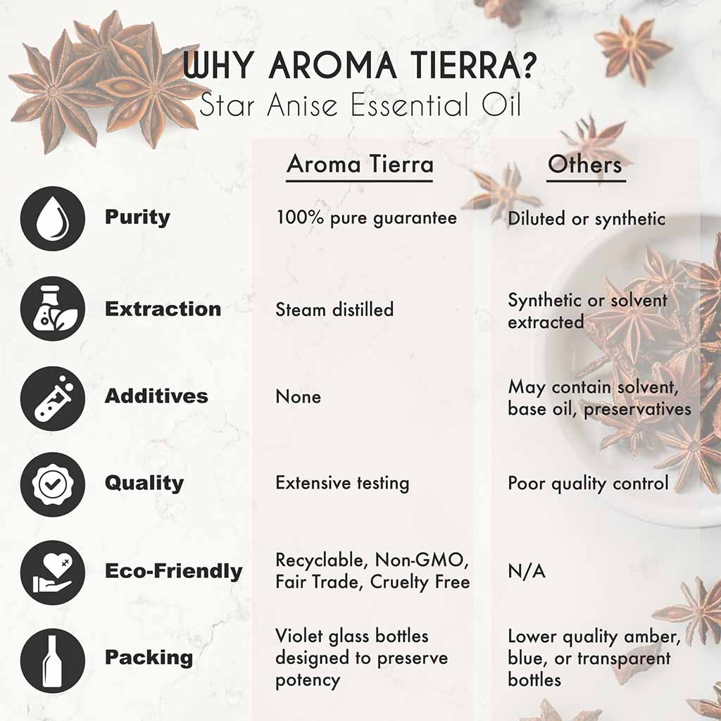 Aroma Tierra Star Anise essential oil best for diffuser, calming nausea, motion sickness, and vomiting