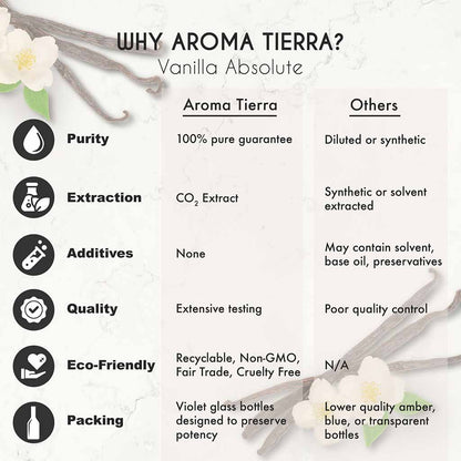 Aroma Tierra Vanilla essential oil from India reduce stress, anxiety, and tension, natural aphrodisiac
