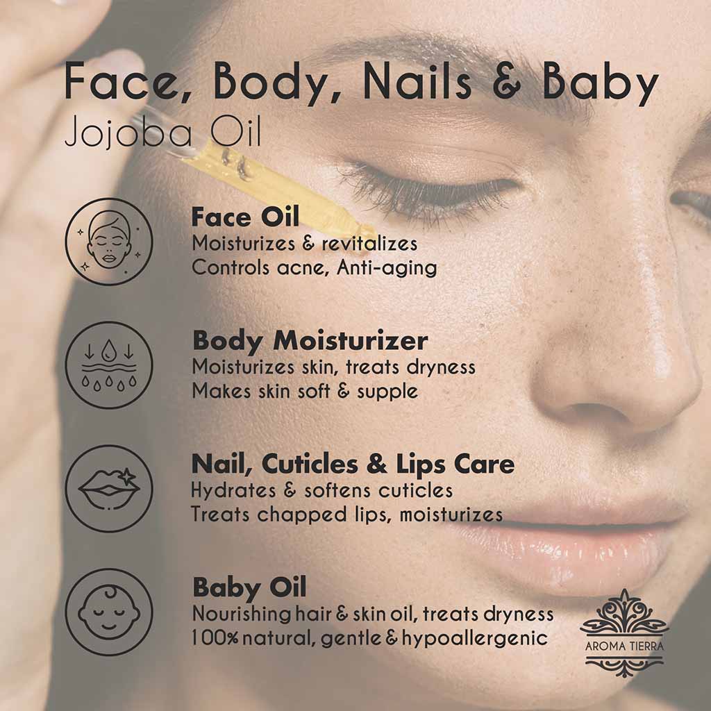 Aroma Tierra Organic Jojoba Oil  treats skin dryness, 100% gentle and hypoallergenic, best baby oil.