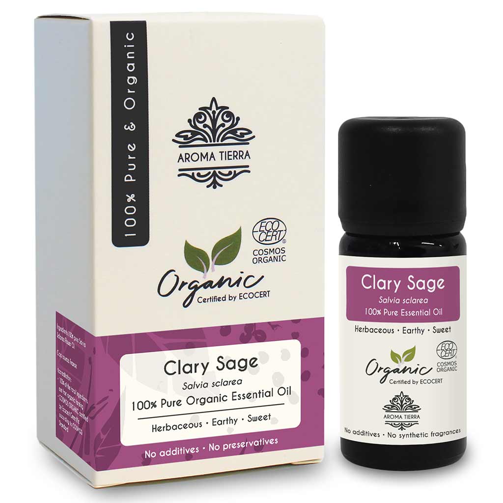 Aroma Tierra Organic Clary Sage essential oil best for diffuser with herbaceous, sweet.