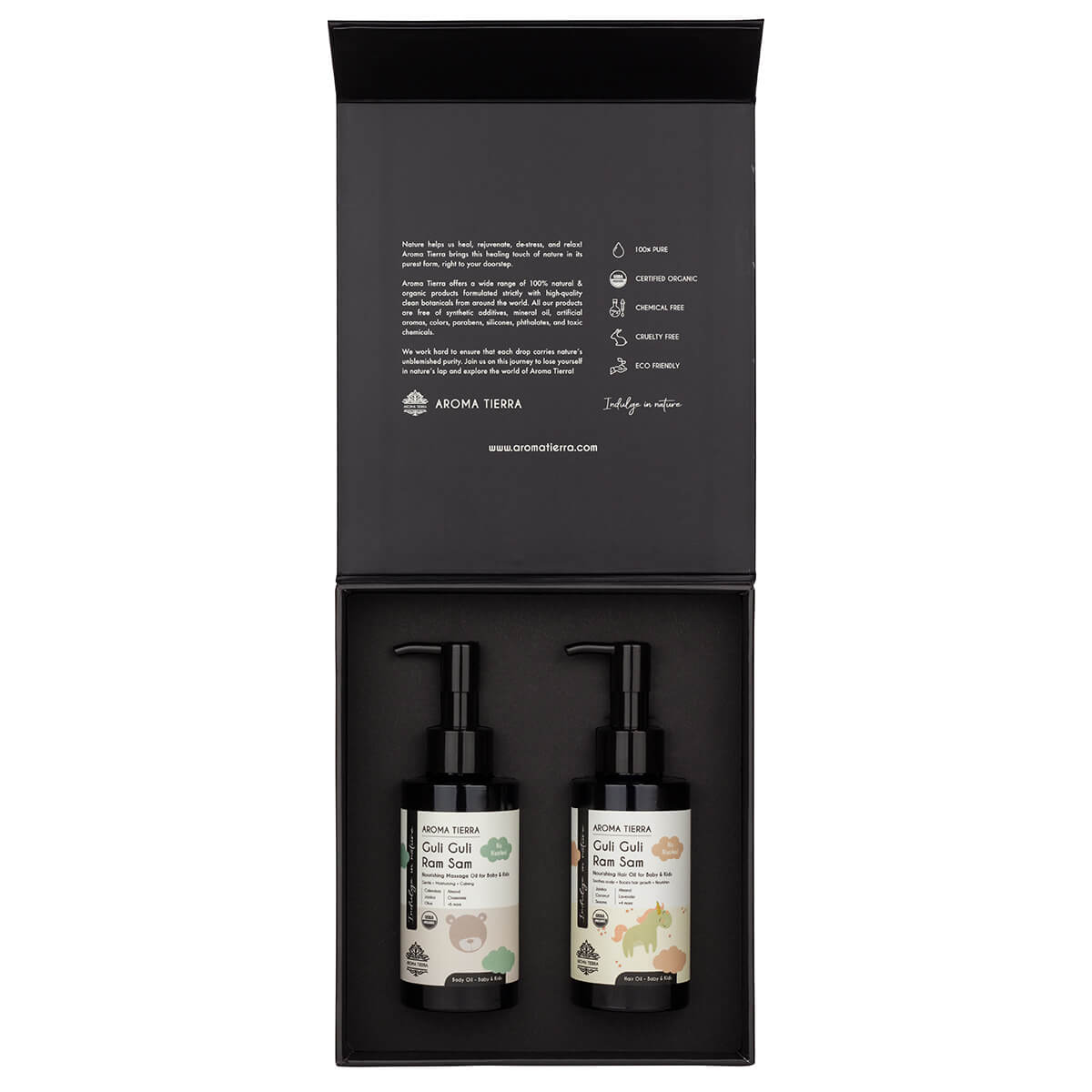 Aroma Tierra Organic Gift Set for Babies and Kids with 2 Bottles of Body & Hair Oil, formulated with safe, pure ingredients for soft, nourished skin and hair.