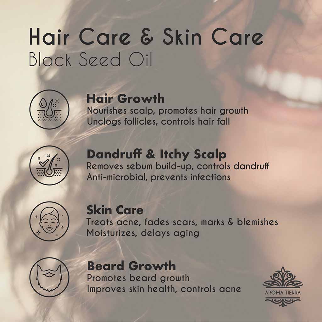 Aroma Tierra Organic Black Seed promotes hair and beard growth, treat dandruff and itchy scalp.