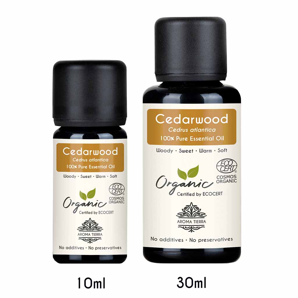 Aroma Tierra Organic Cedarwood essential oil best for diffuser with warm, woody, grounding, for quality better sleep. 