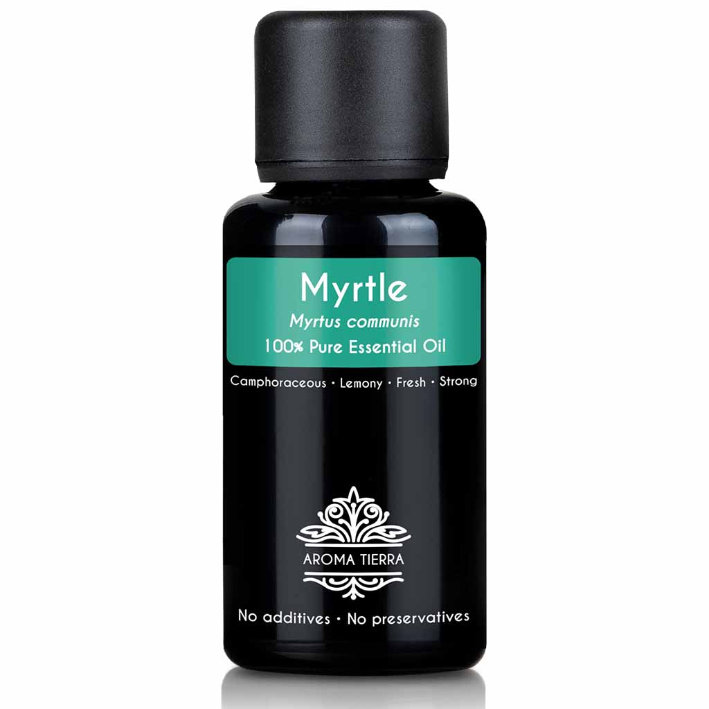 Aroma Tierra Myrtle essential oil steam distillation of leave of organic Myrtus communis. 