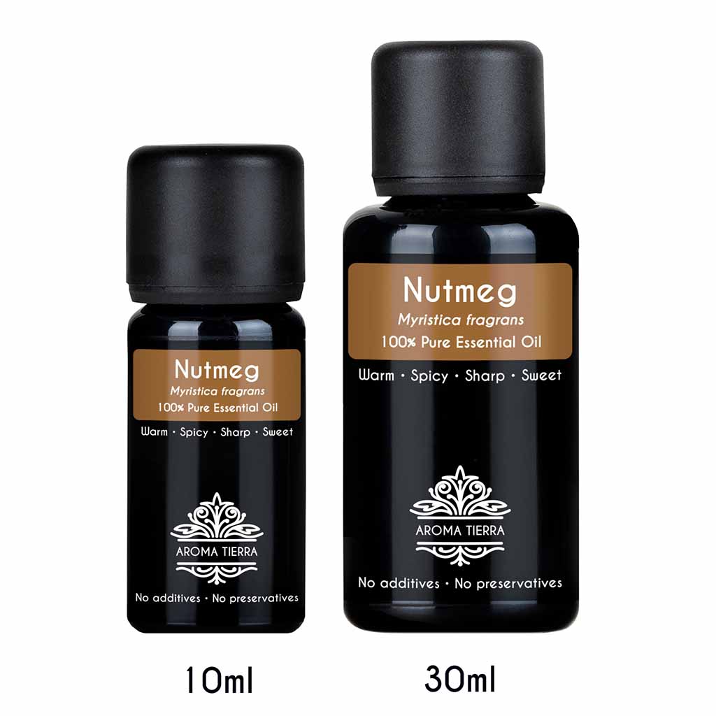 Aroma Tierra Nutmeg essential oil steam distillation of dried Organic Nutmeg seeds, Myristica fragrans.
