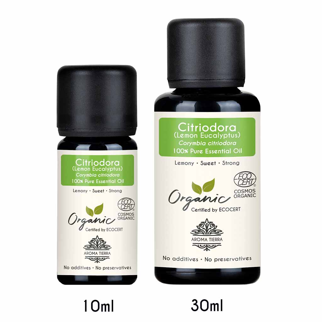 Aroma Tierra Organic Citriodora essential oil best for diffusers with fresh, lemony scent. Mood enhancement and stress relief.  
