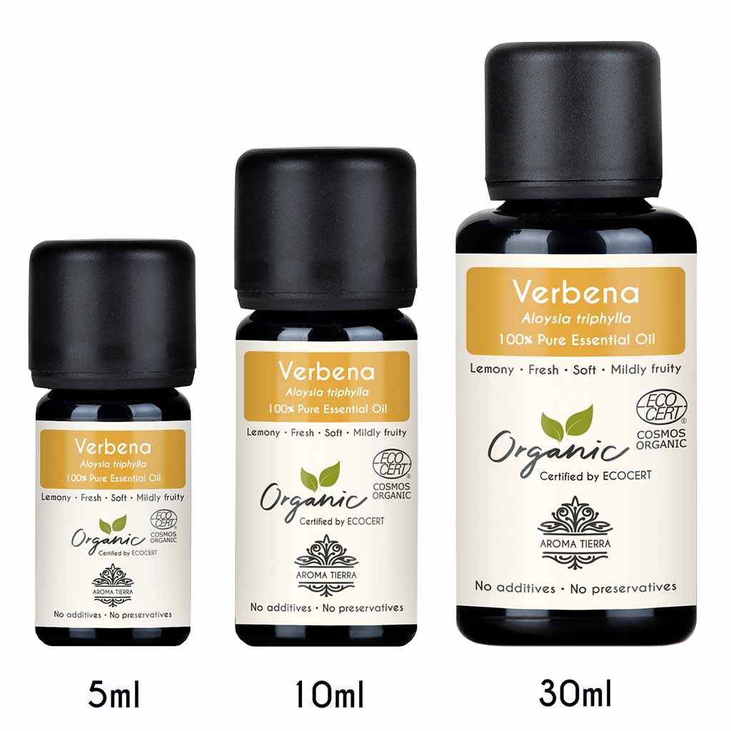 Aroma Tierra Organic Verbena essential oil available sizes. 