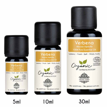 Aroma Tierra Organic Verbena essential oil available sizes. 