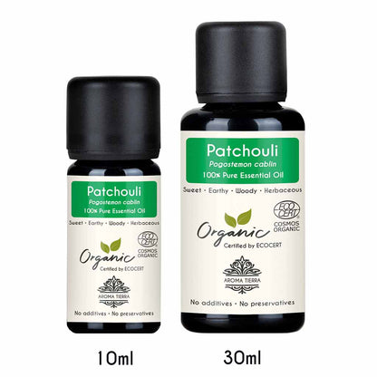 Aroma Tierra Organic Patchouli essential oil best for diffuser with deep, earthy, musky aroma, eases emotional stress, calms mind. 