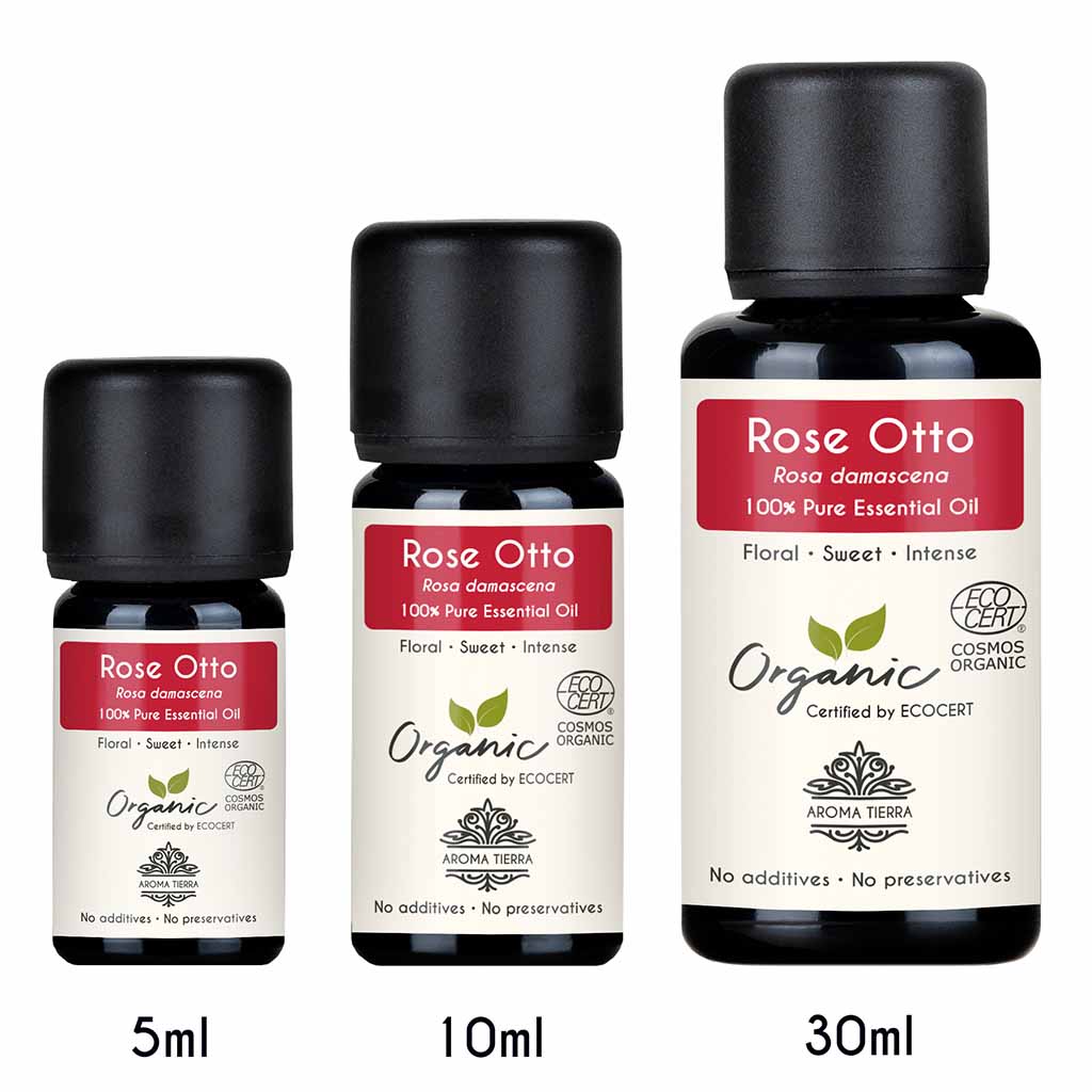 Aroma Tierra Organic Rose otto essential oil best for diffuser available sizes. 