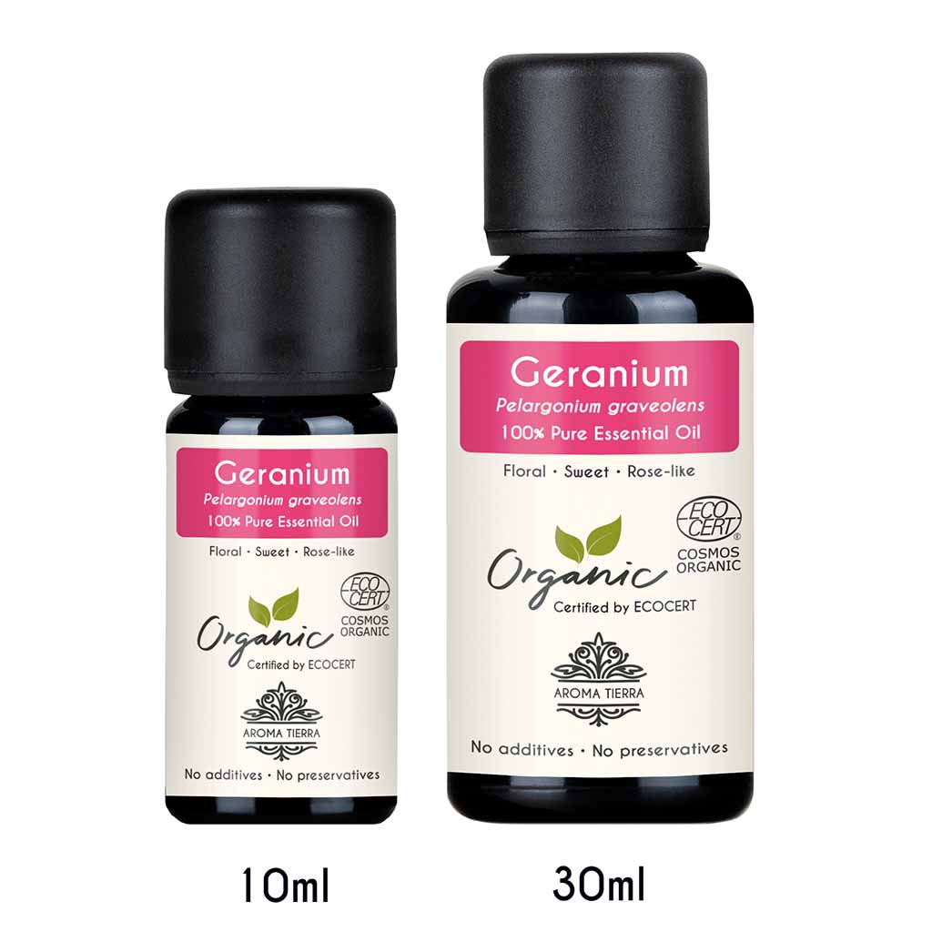 Aroma Tierra Organic Geranium essential oil best for diffuser with sweet, floral, herbaceous aroma. 