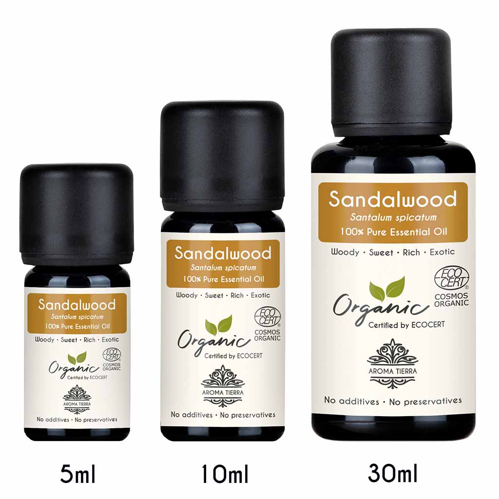 Aroma Tierra Organic Sandalwood essential oil best for diffuser available sizes. 