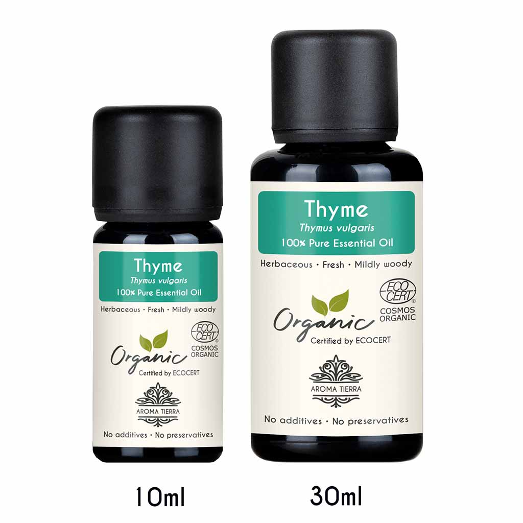 Aroma Tierra Organic Thyme essential oil best for diffusers with herbaceous, warm and spicy aroma. Purifies the air, reduce stress and anxiety. 