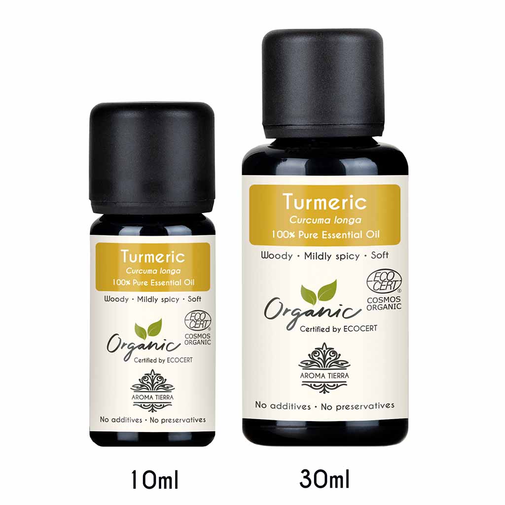 Aroma Tierra Organic Turmeric essential oil best for diffuser  with curcuminoids, treat sore throat and cough.