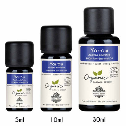 Aroma Tierra Organic Yarrow essential oil steam distillation of flowering ends of Yarrow , Achillea millefolium. 