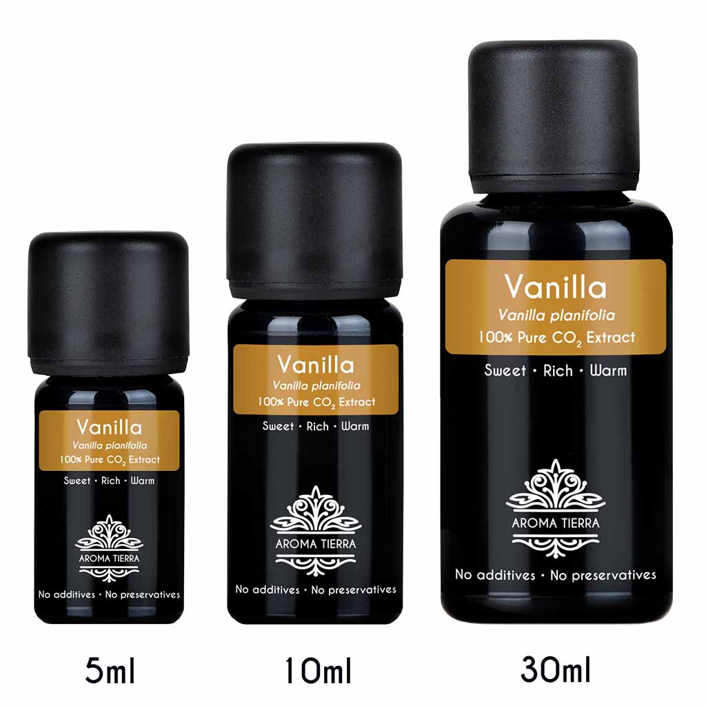 Aroma Tierra Vanilla essential oil available sizes. 
