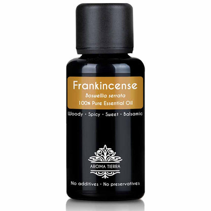 Aroma Tierra natural and pure frankincense boswellia serrata essential oil therapeutic grade, 30 ml. 
