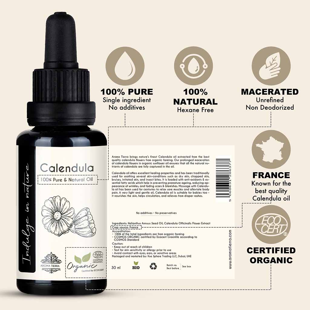  COSMO Certified Organic Calendula oil  from France, macerated, non deodorized and no preservatives.