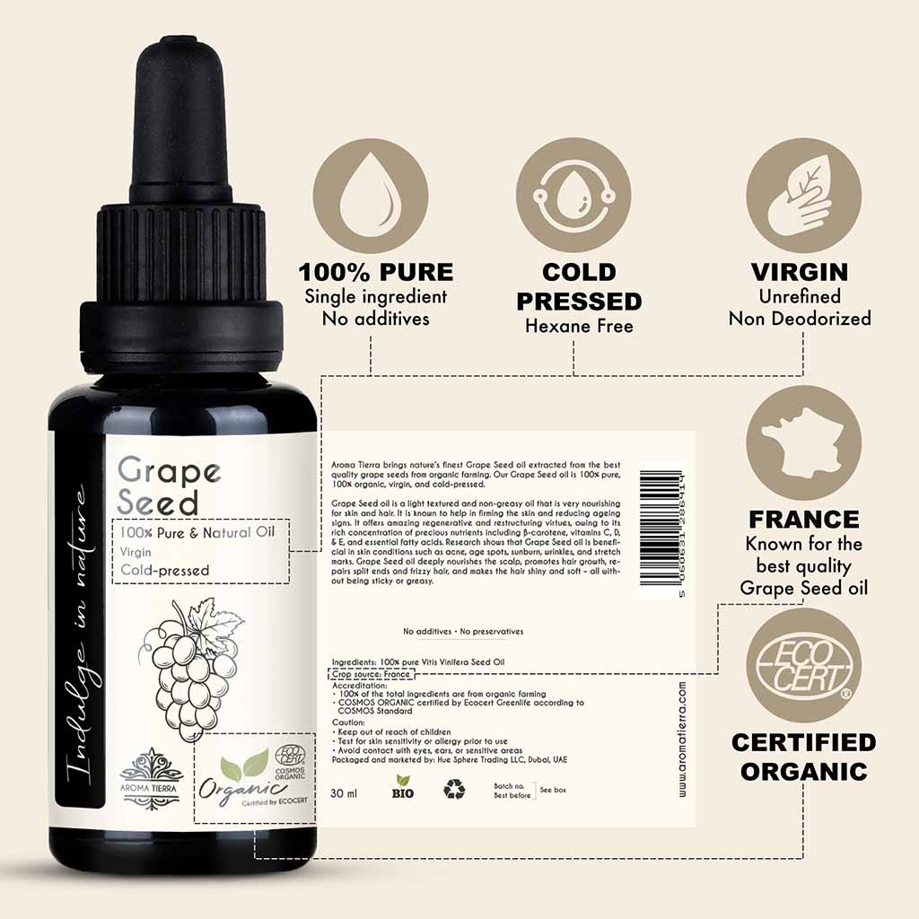 Best quality organic grape seed oil from France, cold pressed, no additives and extra virgin.