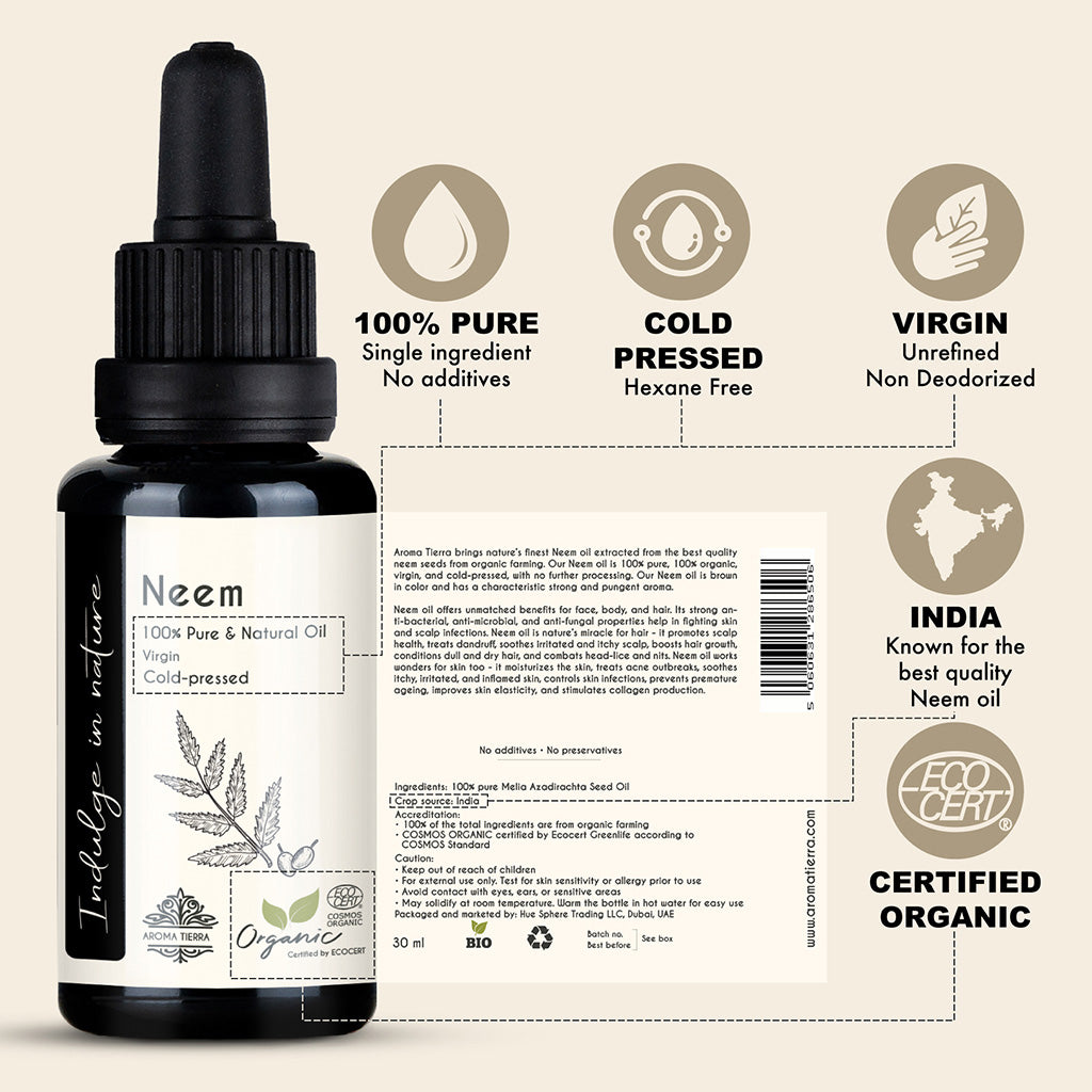 100% Pure Certified Organic Neem Oil from India, cold pressed, undiluted, no additives.