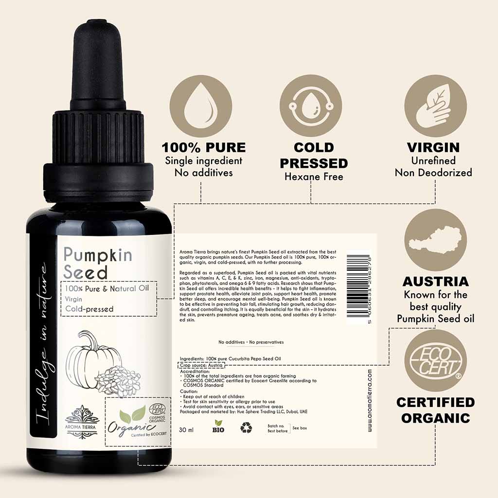 100% Pure Natural Organic Pumpkin Seed Oil from from Austria cold pressed, no hexane and unrefined. 