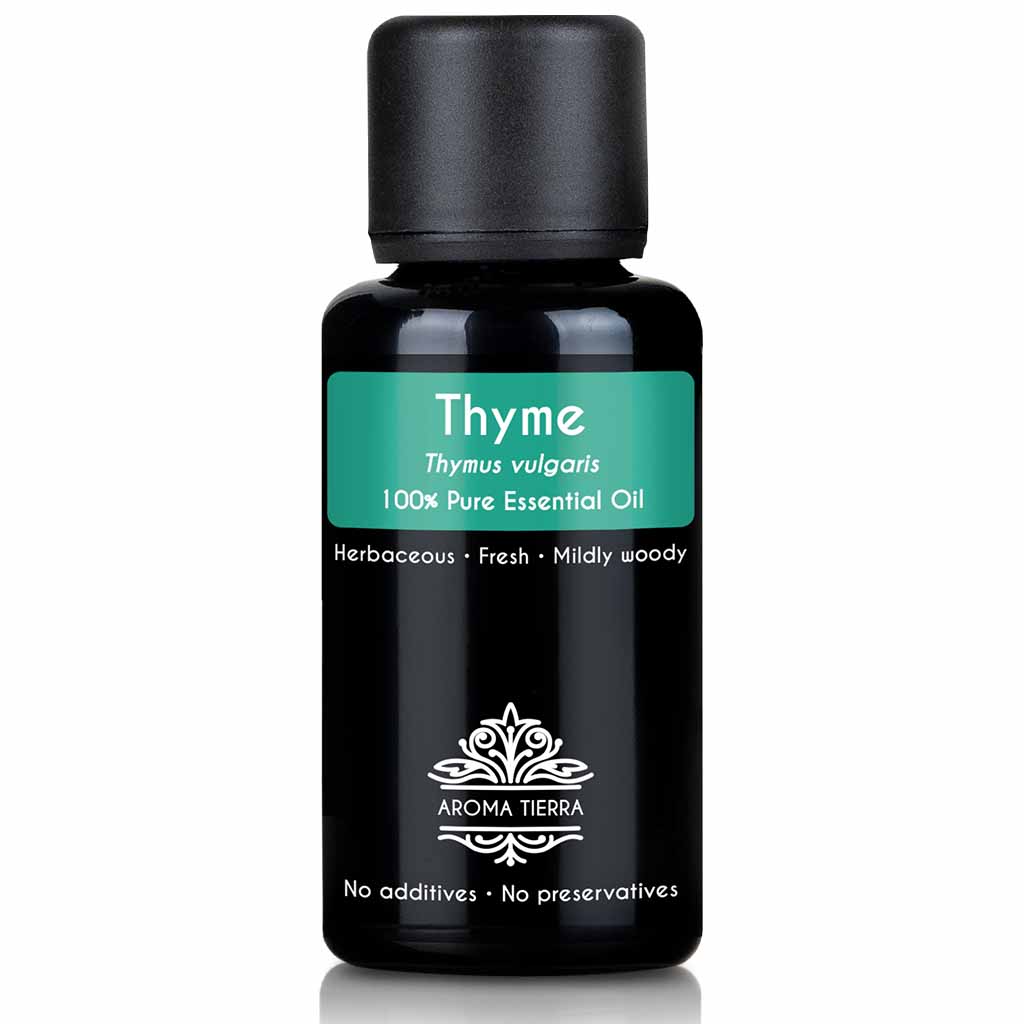 Aroma Tierra Thyme essential oil best for diffusers with herbaceous, warm and spicy aroma. Purifies the air, reduce stress and anxiety, 30 ml. 
