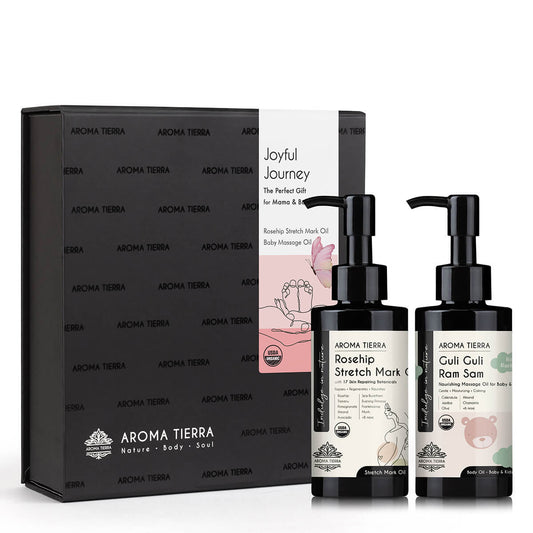Aroma Tierra Perfect Gift Set for Mama & Baby, Rosehip Stretch Mark Oil, Guli Guli Ram Sam Massage Oil, 100ml.