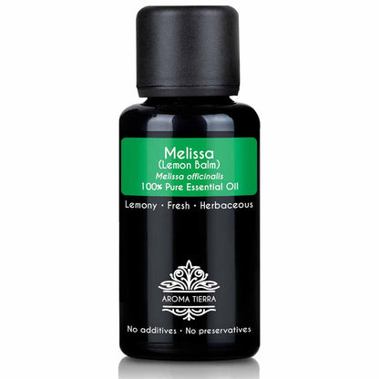 Aroma Tierra natural and pure melissa  essential oil best for viral infections  such as colds, flu, and cold sores, 30 ml. 
