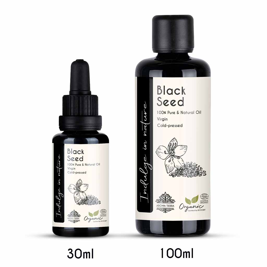 Organic Black Seed Oil for stimulates hair growth, prevents premature aging, controls acne, and soothes dry and irritated skin.
