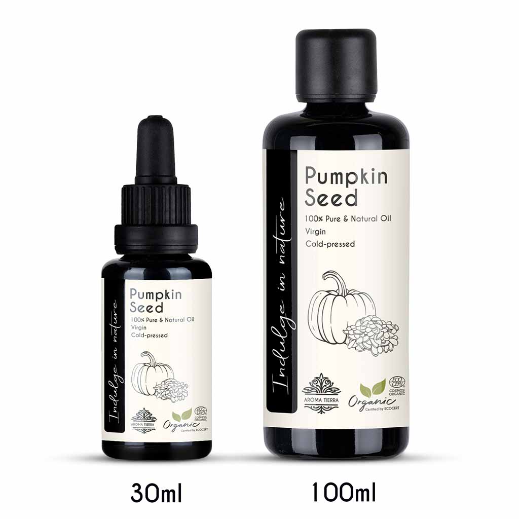 Organic Pumpkin Seed Oil for stimulates hair growth, prevents premature aging, controls acne, and soothes dry and irritated skin.
