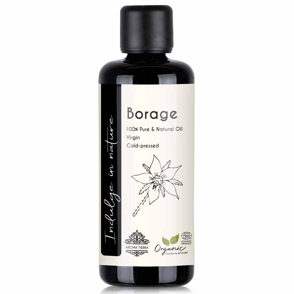 Aroma Tierra Organic Borage Oil repairs brittle, delicate, and prone to breaking or cracked nails, 100 ml.