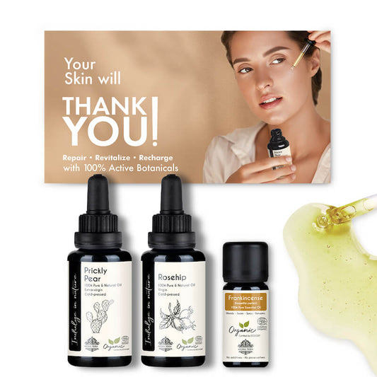 Aroma Tierra face oil set for youthful looks, with rosehip. Prickly pear, frankincense essential oil. 