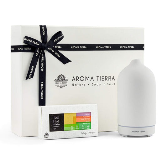 Aroma Tierra Santorini Dawn Ceramic Diffuser Gift Set with Top 5 Organic Essentials Oils.
