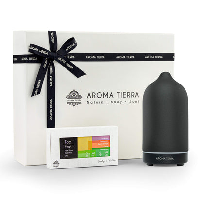 Aroma Tierra Santorini Dusk Ceramic Diffuser Gift Set with Top 5 Organic Essentials Oils