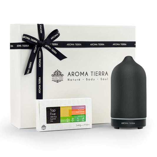 Aroma Tierra Santorini Dusk Ceramic Diffuser Gift Set with Top 5 Organic Essentials Oils