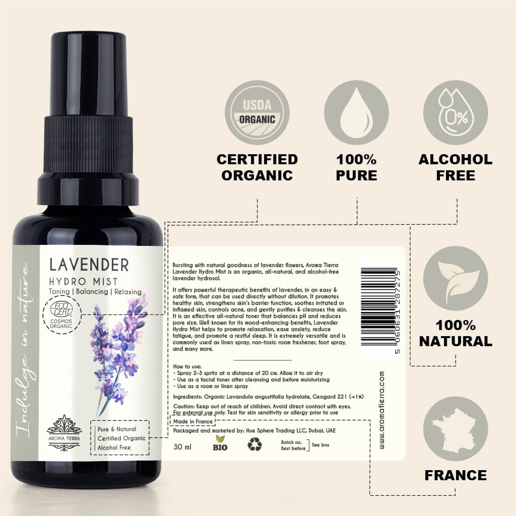 Lavender Hydro Mist - For Face, Toner, Relaxation - Hydrosol Water