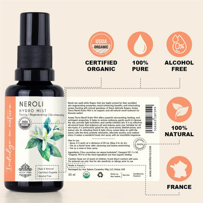 Neroli Hydro Mist - For Face, Toner, Relaxation - Hydrosol Water