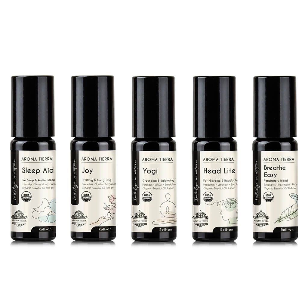 Roll-ons blended essential oils for sleep, mood enhancement, respiratory support, and headache relief