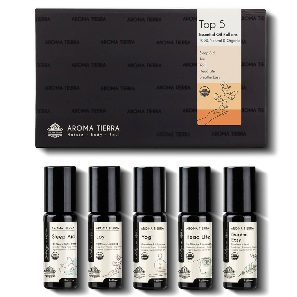 Aroma Tierra pure and organic roll-on set essential oils for, best wellness gifting. 