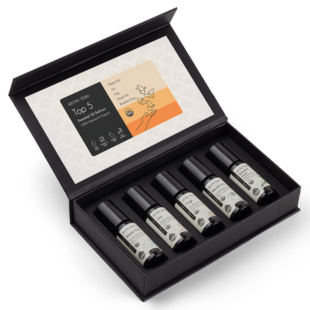 Aroma Tierra Top 5 Roll-On Set Essential Oil for aromatherapy, gift sleep, mood boost, breathe and headache. 
