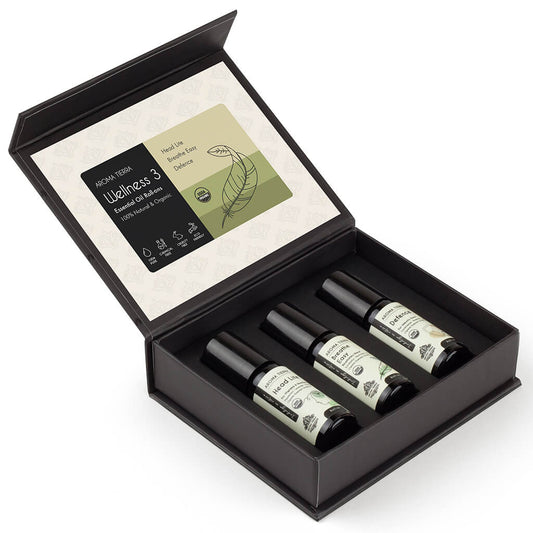 Aroma Tierra Wellness Roll-on Set for headache, cold, and immunity boost. for aromatherapy, best organic product for gifting. 