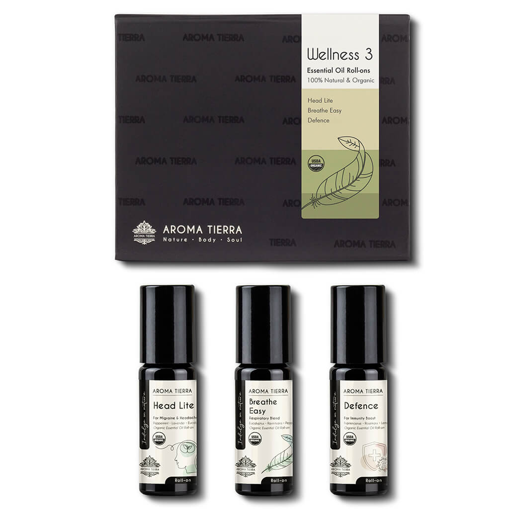 Aroma Tierra Wellness Roll-on Set – 3 organic essential oils for headache, breathe easy, and defence, ideal for gifting and daily use.