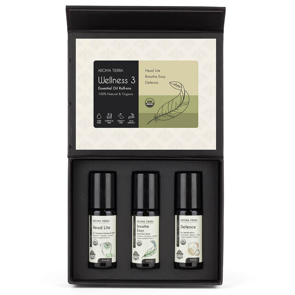 Aroma Tierra Wellness Roll-on Set – Includes head-lite, breathe easy, and defence, perfect for migraines, respiratory, immunity . 